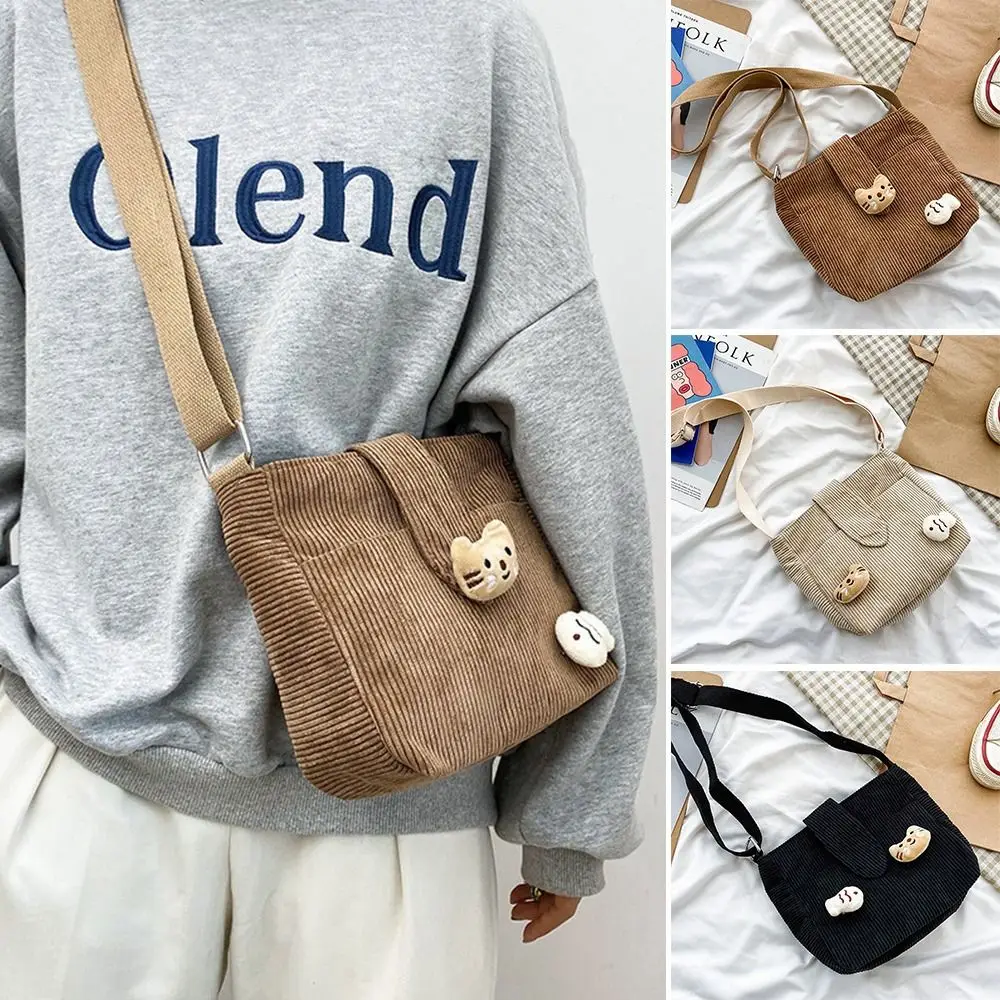 Women Shoulder Bags Corduroy Shopper Bags Girl Fashion Autumn And Winter Handbags Cute Cartoon Cat Doll Mini Crossbody Bags