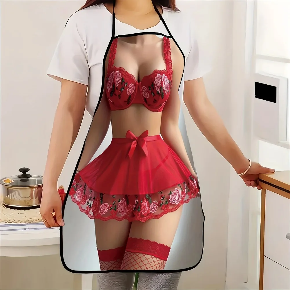 Funny Novelty Red Lace Printed Apron, Stain‑Resistant for Kitchen Cooking, Humorous Gag Gift, Stylish and Durable