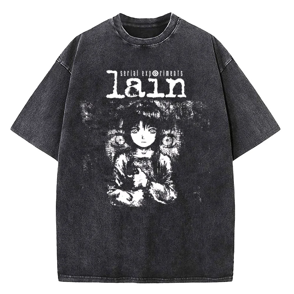 

Japanese Anime Serial Experiments Lain Vintage Washed T Shirt Men High Quality Cotton Manga Short Sleeve Fashion T Shirt Women