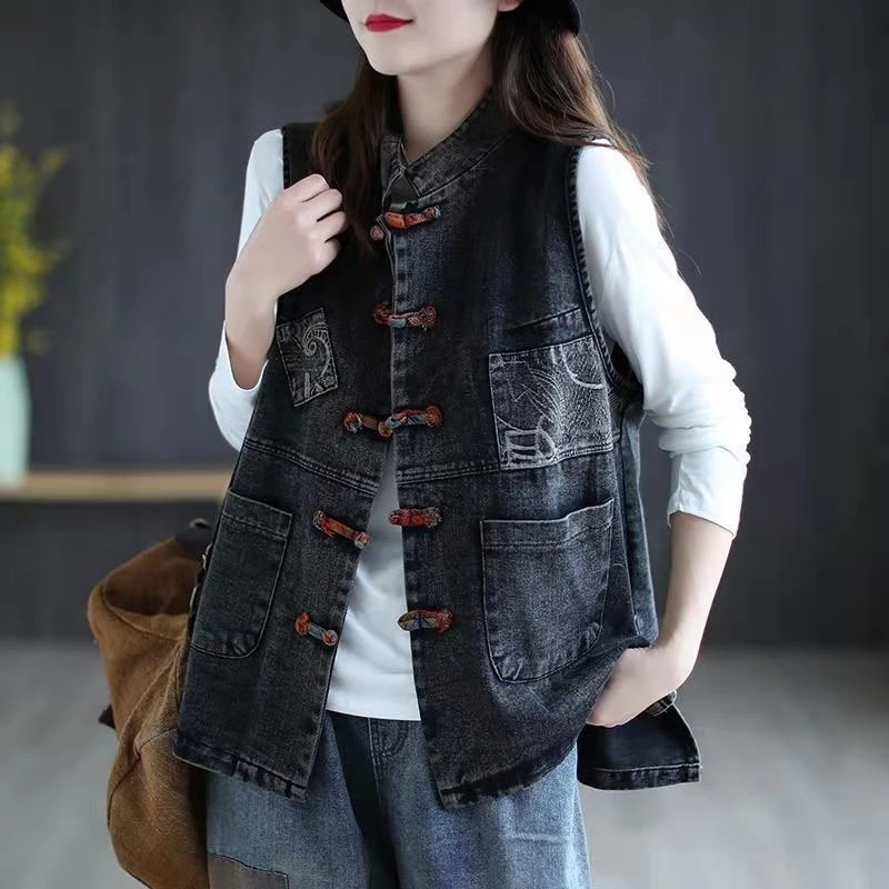 Women's Denim Vest 2026 Spring Summer Boho Vintage Ethnic Style Button Up Waistcoat Casual Outerwear Layering Piece