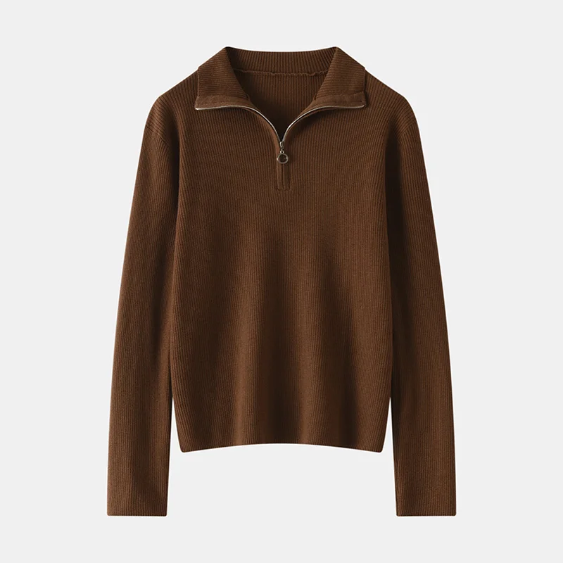 

Весенне-осенний женский пуловер из 100% тонкой шерсти, повседневный однотонный вязаный свитер свободного кроя с высоким воротником, модный джемпер на молнии