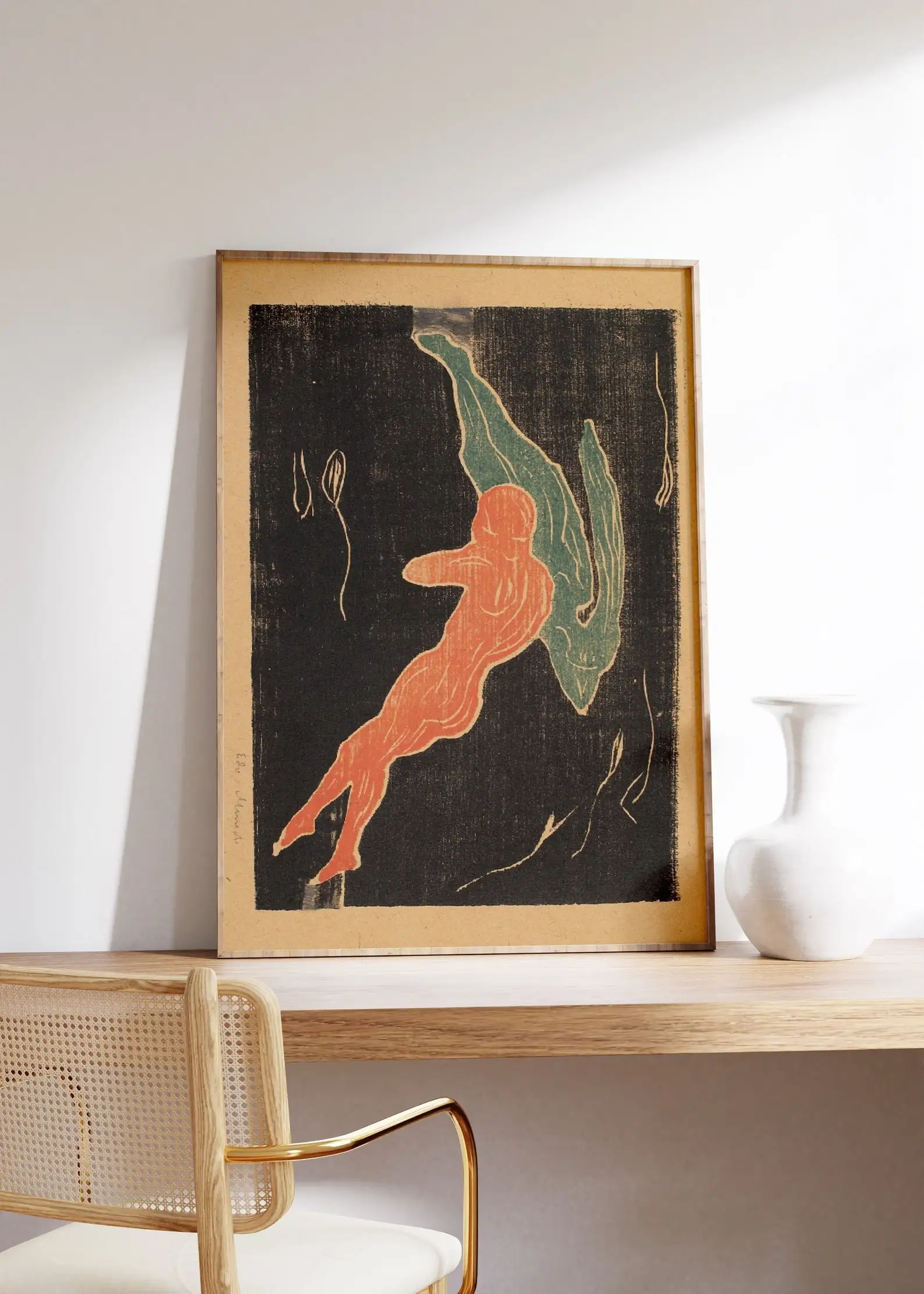 Edvard Munch Encounter in Space Print – Expressionist Cosmic Lovers Woodcut Reproduction Poster