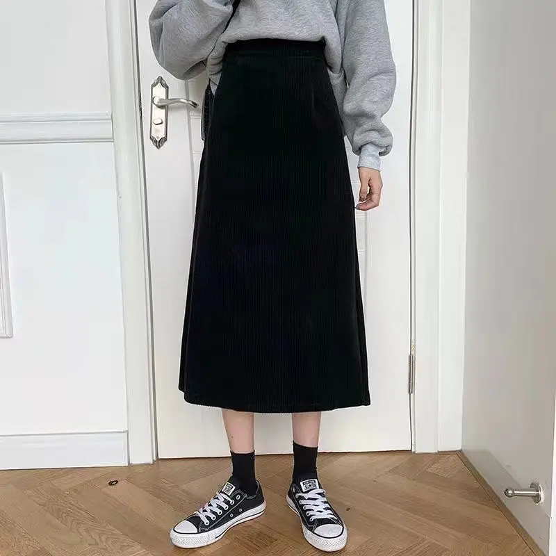 Corduroy Long Skirt Women Autumn High Waist Ruffles Midi Skirts Female Korean Fashion Elegant Elastic Solid A-Line Skirt