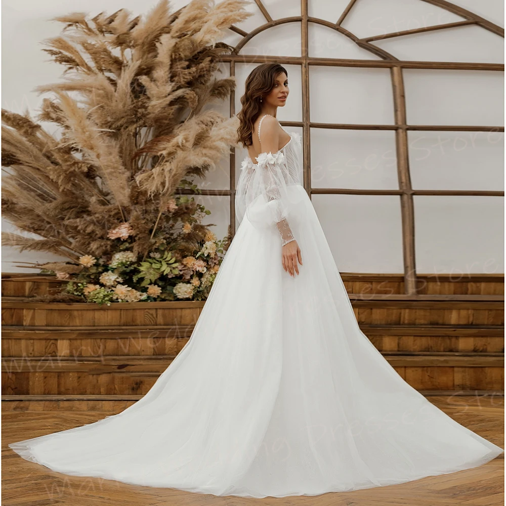 Modern Popular A Line Women's Wedding Dresses Charming 3D Flowers Lace Bride Gowns Half Sleeve Spaghetti Straps Robe De Mariée