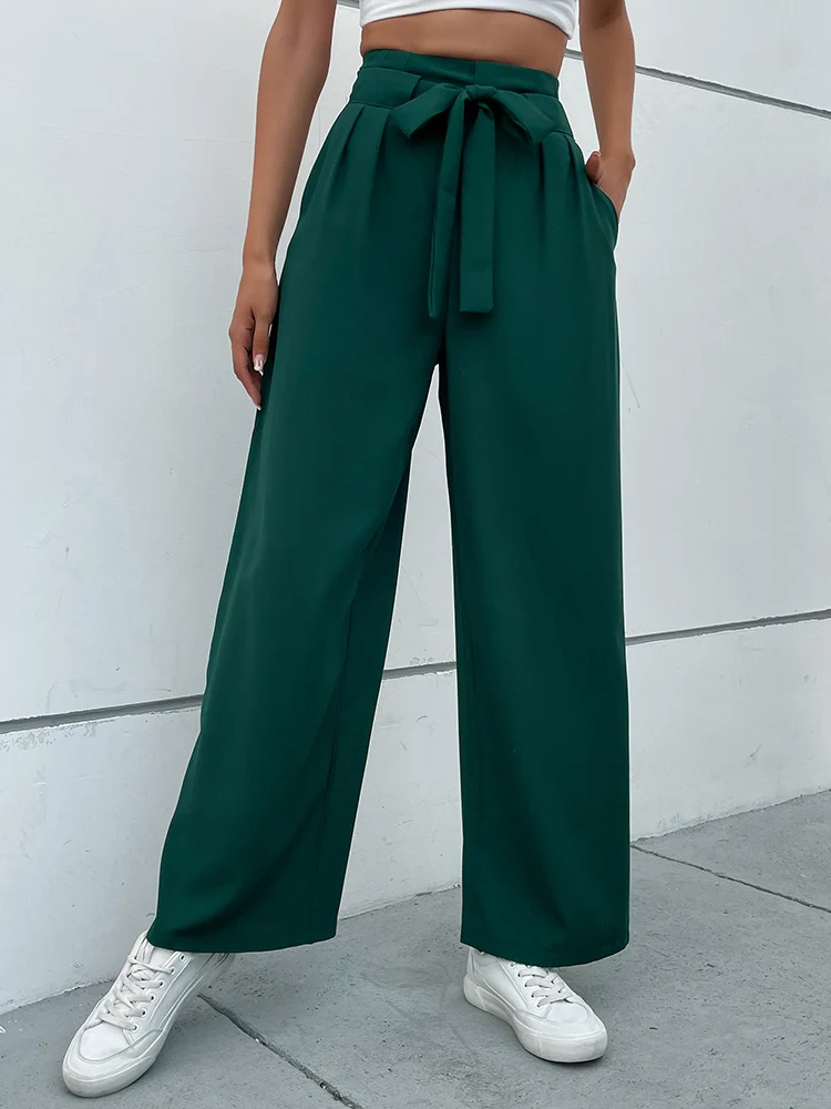 

JIM & NORA Women Summer Wide Leg Loose High Waist Casual Trousers Solid Colour Green Office Straight Pants