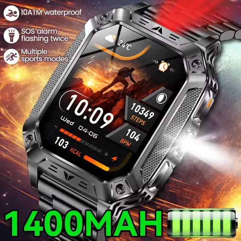 

Military1400mAh Big Battery Smart Watch Men Outdoor GPS Flashlight 10ATM Waterproof Bluetooth Call 2.01" HD AMOLED Sports Watch