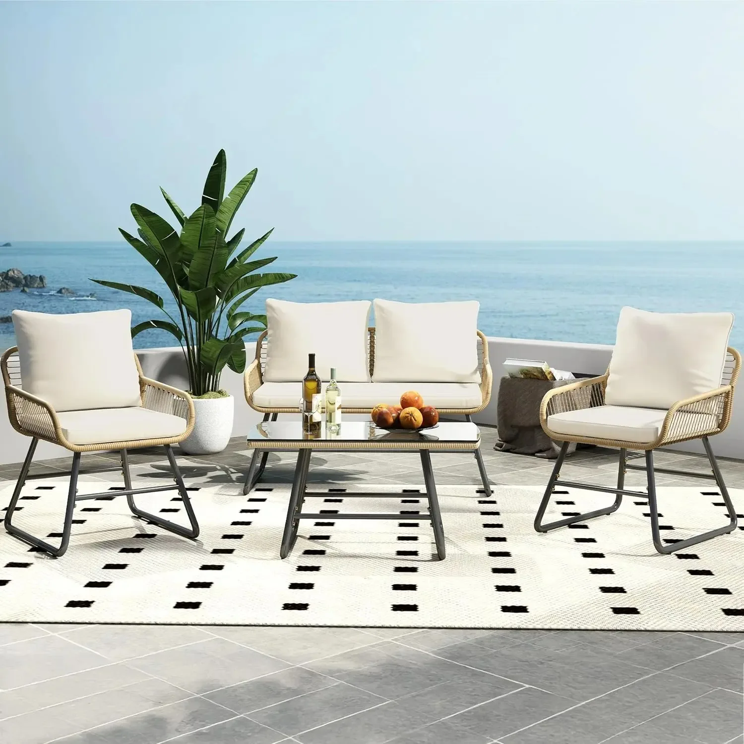 

Комплект садовой мебели из 4 предметов, плетеные уличные диваны для отдыха, диван-софа в стиле бохо и 2 кресла с подушками, Gl&