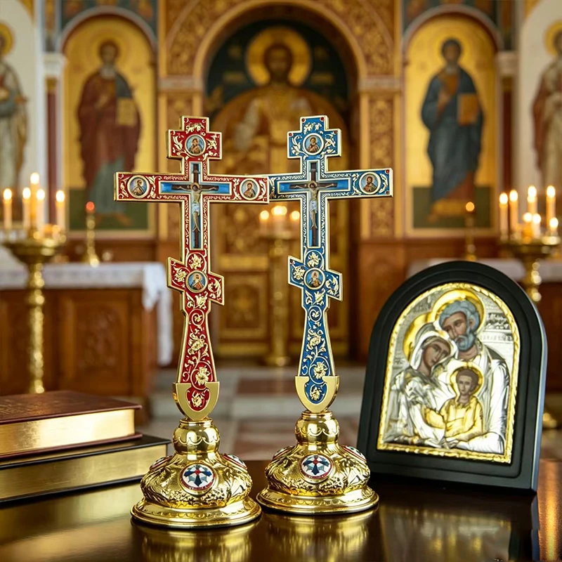 Gold Plated Orthodox Standing Cross with Red/Blue Enamel & Icon Panels for Priest Liturgy Church Altar Religious Service Decor
