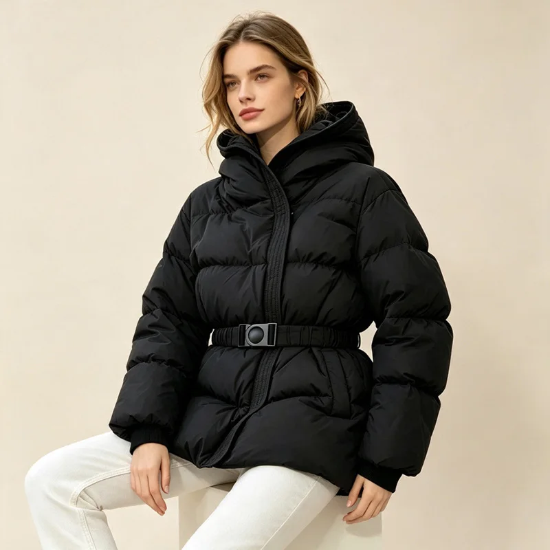 Schinteon Women White Down Jacket with Hood Solid Color Fashionable Autumn Winter Warm Outwear Parka Belt 2026 New Real Pictures