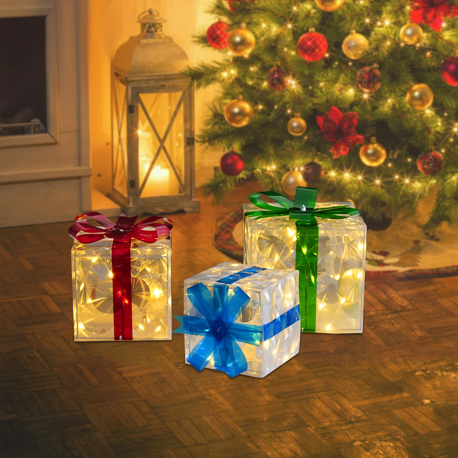 Set of 3 Christmas Lighted Gift Boxes, For Christmas Decorations Indoor Outdoor Yard Home Decor, LED lights, PVC