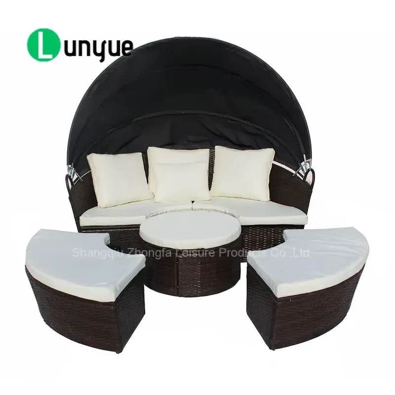 Modern Round Outdoor Patio Sun Lounger Iron Rattan Sun Bed for Living Room Covered Patio Durable Weather Resistant