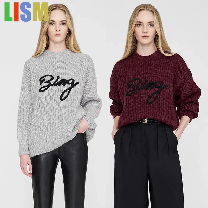 LISM women's winter clothes y2k hoodies sweatshirt 2025 Letter Wool Crew Neck Knitted Sweater Alpaca Wool Women's Sweater