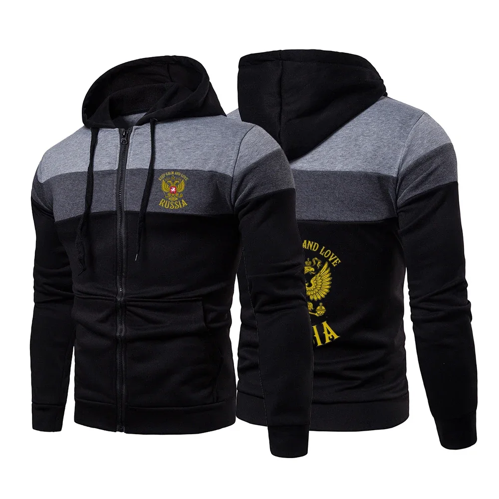 

2024 New Men's Russia Badge Gold Eagle Print Three-Color Stitching Fashion Custom Hooded Outdoors Hoodies Clothes Harajuku Style