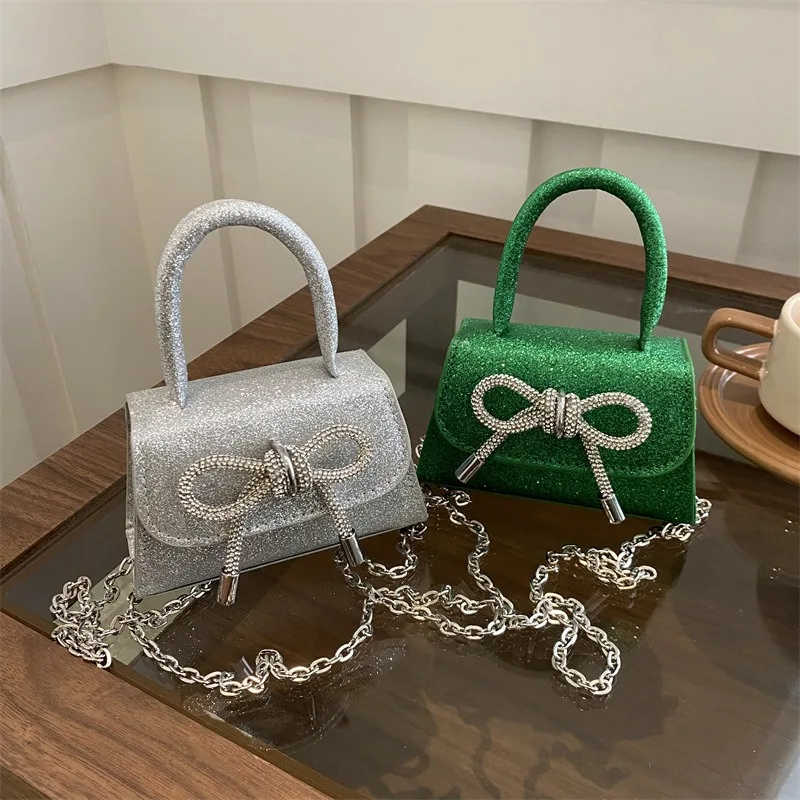 1pcs PU Leather Glitter Small Square Handbag with Detachable Chain Strap & Bow Design Women's Fashion Shoulder Bag