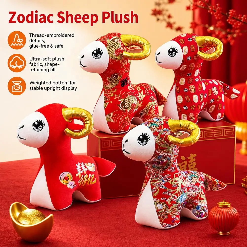 Chinese Zodiac Sheep Plush Toy Red Lucky Mascot Stuffed Doll Festive Holiday Gift Exquisite Embroidery Cute Nursery Room Decor