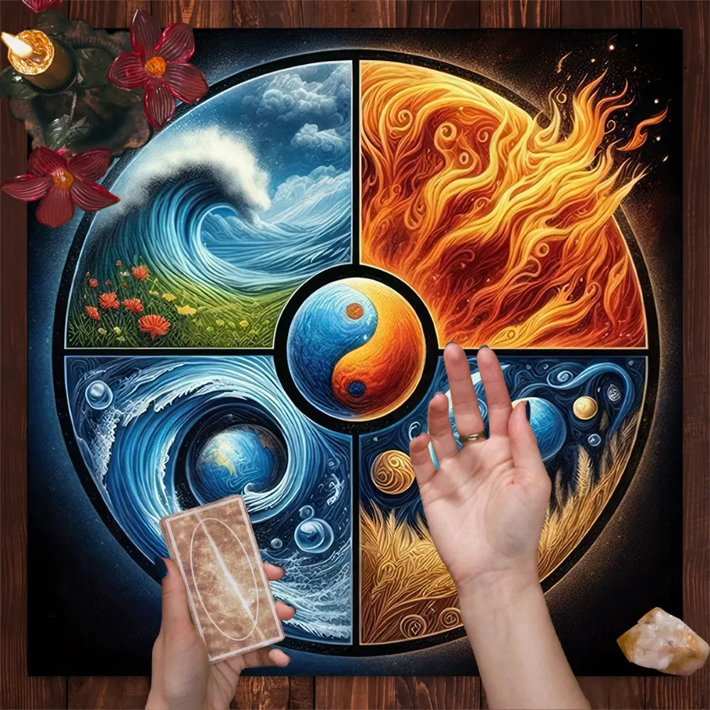 Harmony of Four Elements Altar Cloth Tarot ClothVibrant Yin-Yang & Planetary Polyester Divination Cloth Mystical Tarot Mat Decor