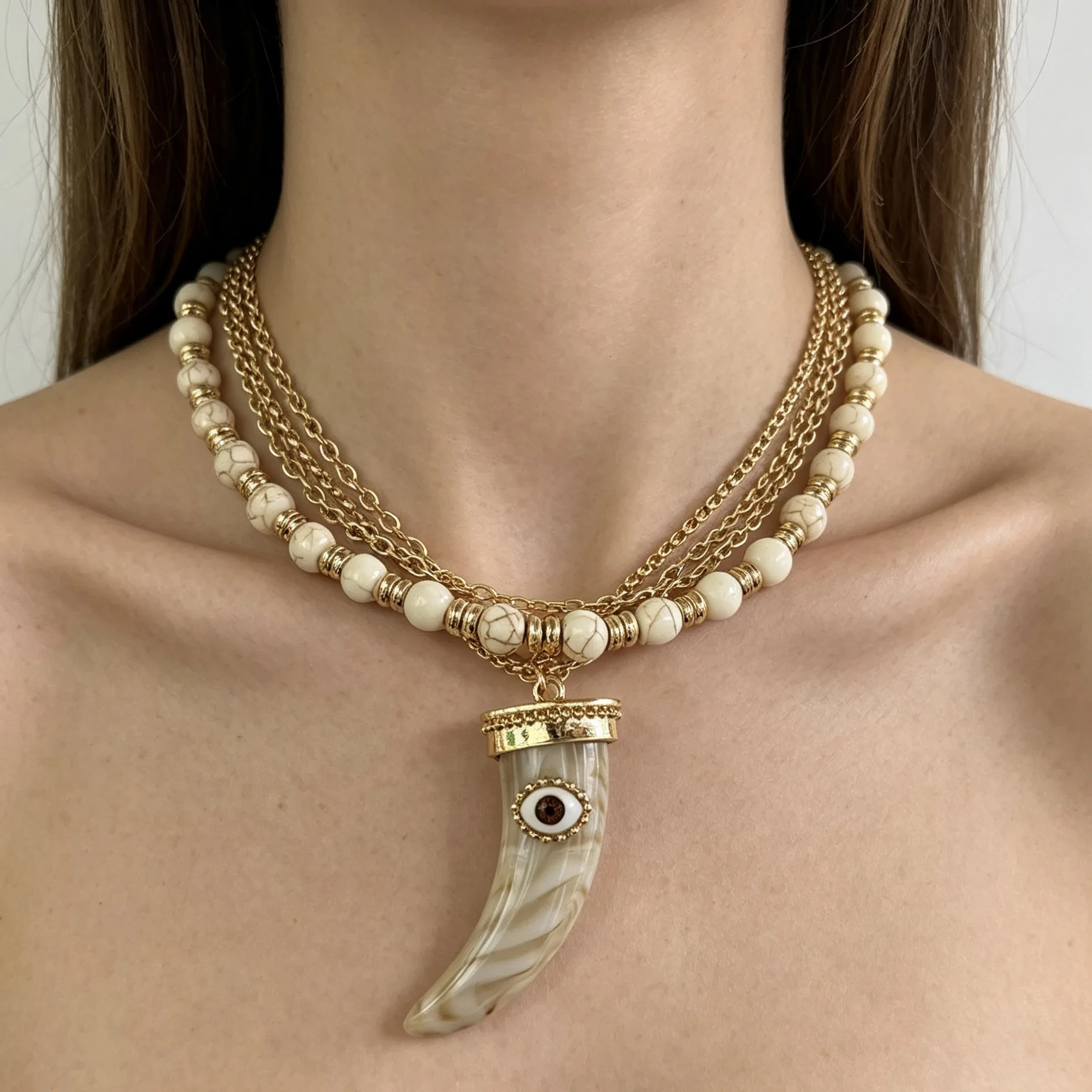 Vintage Evil‑Eye Multi‑layer Natural Stone Beaded Chain Necklace Horn Wolf‑tooth Pendant Clavicle Chain Fashion Party Jewelry Gi
