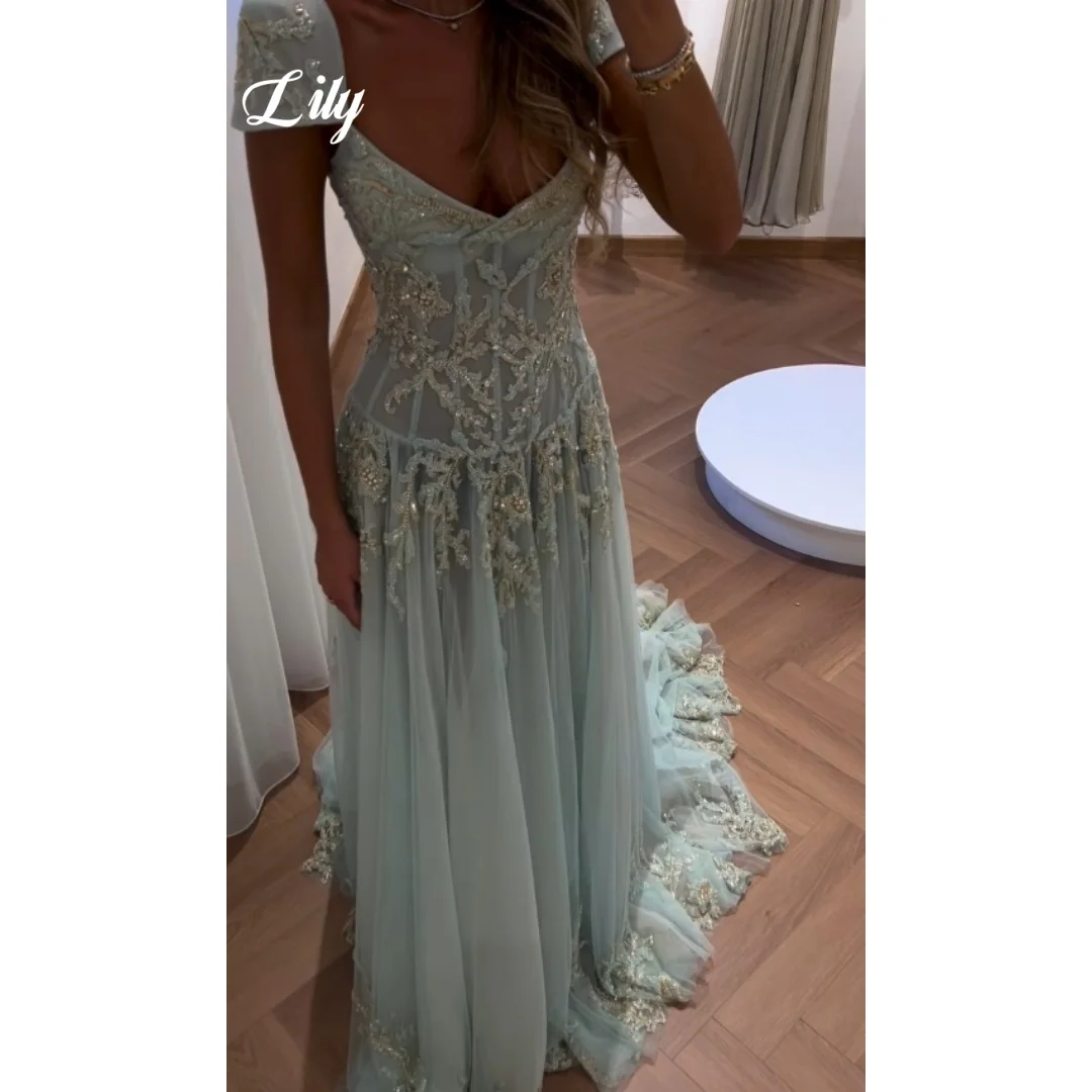 Lily Elegant Mint Green Prom Dress Sweetheart Neck Cap Sleeve Sheer Beaded Lace Tulle Trailing Formal Evening Gown Customized image 5