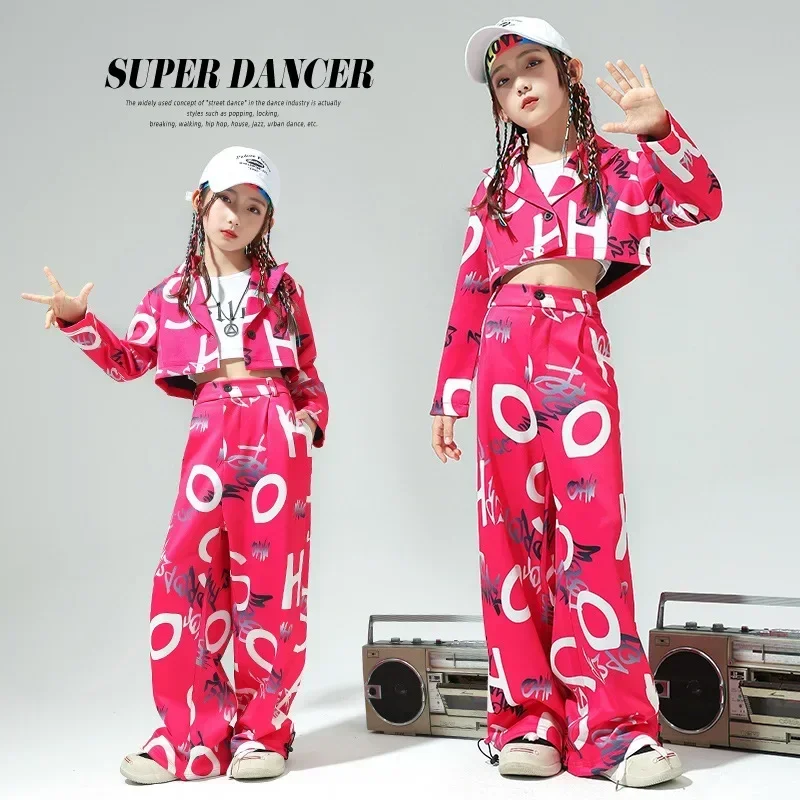 

New Kids Outfit Hip Hop Costume Street Dance Pink Letter Pants Girls Jazz Dance Clothes Hiphop Performance Suit Rave Wear