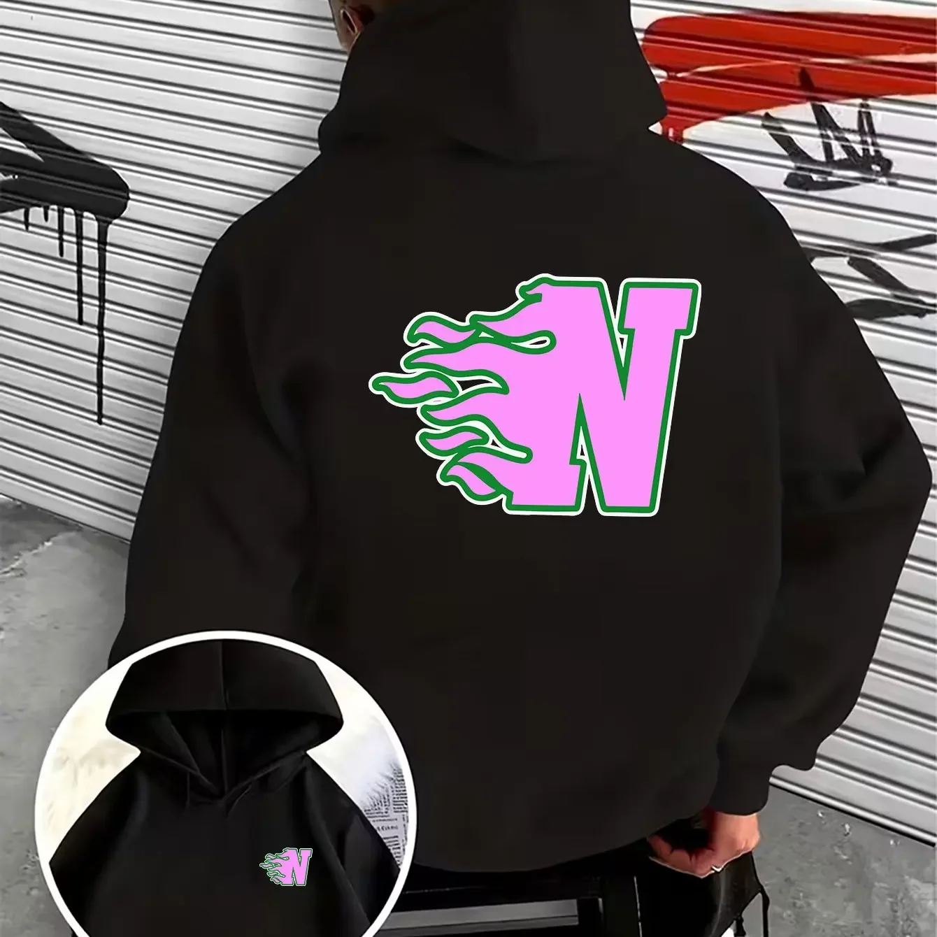 Men Women Flame Letter N Hoodie Y2K Graffiti Back Print Small Chest Logo Casual Loose Pullover Hooded Sweatshirt