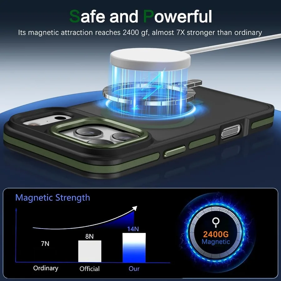 Custodia magnetica opaca verde scuro/nera per iPhone 17 Pro Max 2025 con compatibilità Magsafe e protezione di livello militare
