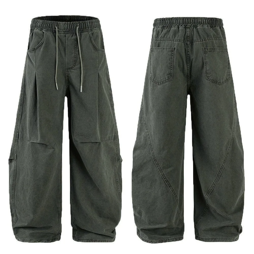 

Retro Patchwork Cargo Pants Mens Summer Thin 100% Cotton Three Dimensional Cut Design Loose Curved Knife Trousers Streetwear