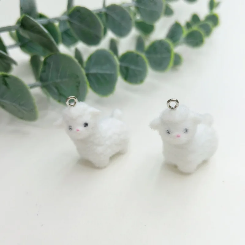 2Pcs Flocked Resin Cute Little Sheep Animal Pendant DIY Adorable Plush Earrings Necklace Keychain Accessories Charm view 3