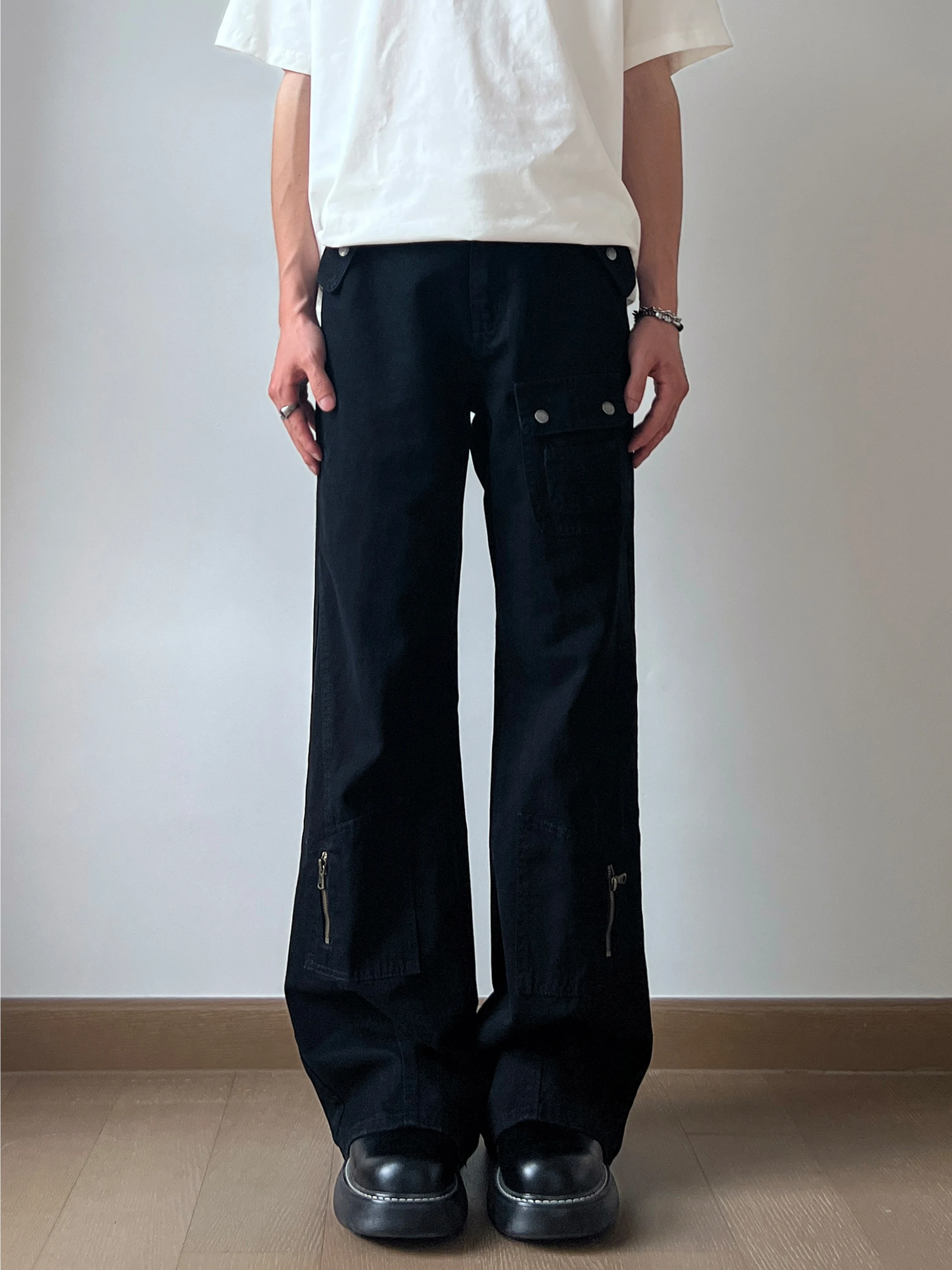 

American High Street Vibe Retro Multi Pocket Black Workwear Jeans Men's Flared Slimming Casual Pants Straight Leg Fit Jeans