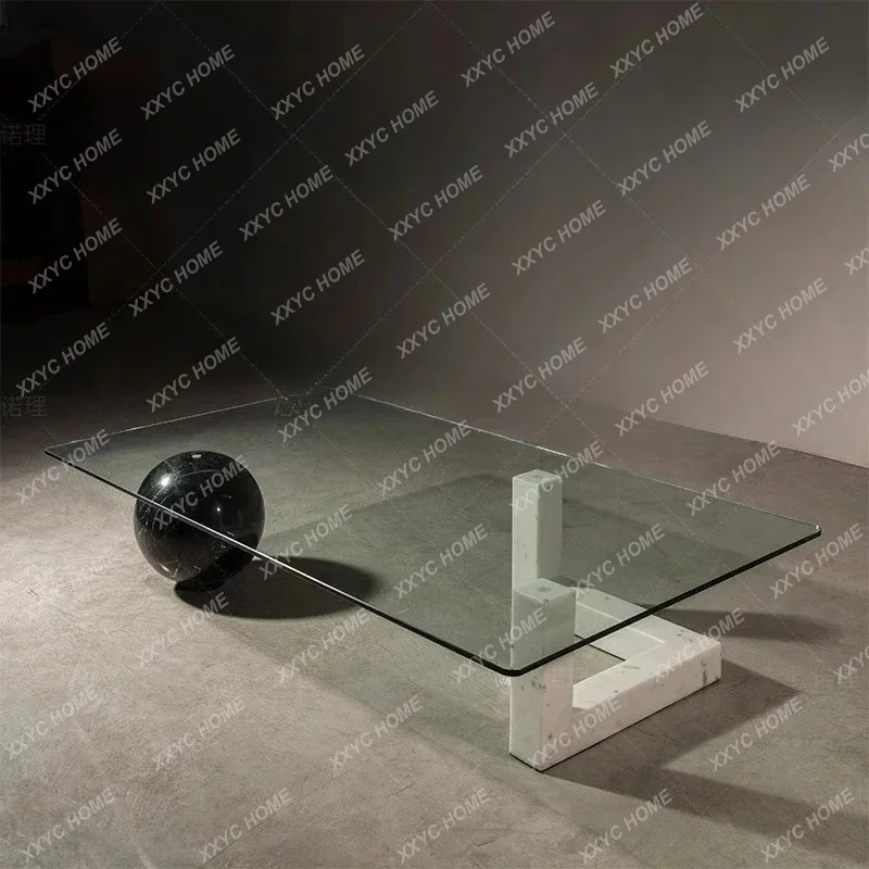 HHLight luxury personalized natural marble creative table  extremely simple transparent square tempered glass coffee table