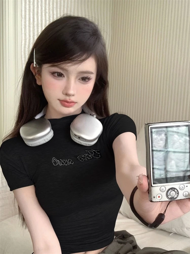 

Harajuku Vintage Gothic Tee Femme Y2k Aesthetic Slim Women Sexy Crop T-shirt Vintage Diamond Letter Streetwear Grunge Tshirts