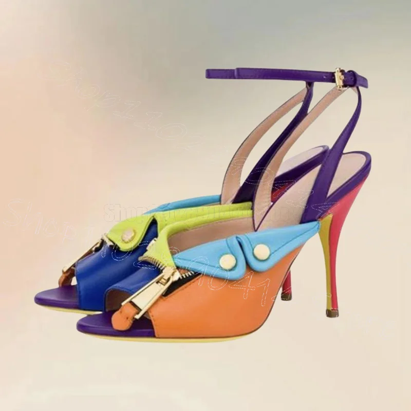 

Metal Zipper Colorful Leather Patchwork Sandals Buckle Strap Women Shoes Thin High Heels Peep Toe Feast 2025 Zapatos Para Mujere