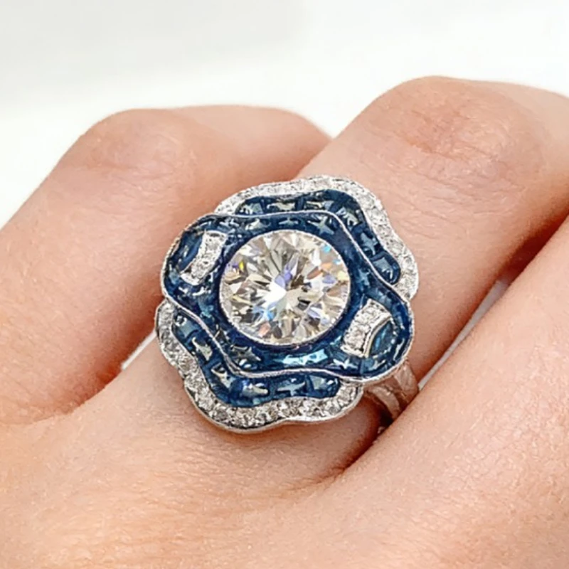 Huitan Zarter blauer Emaille-Ring für Damen, heller runder Zirkonia-Fingerschmuck für Verlobungszeremonie, Party