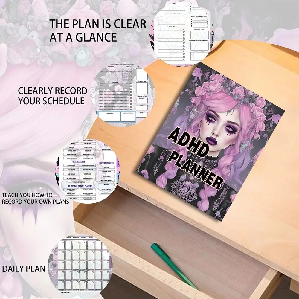 Portable Pastel Goth ADHD Planner Helps Manage 43 Page ADHD Notebook Editable Time Organizer Plan Notebook Student