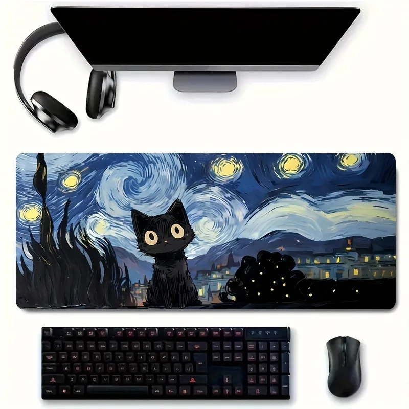 Starry Night mouse pad with cute black cat, study and office use, office accessories, rectangular workstation pad - durable, wat
