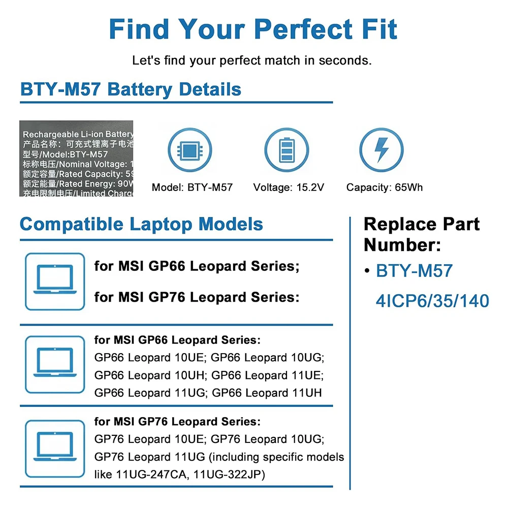 BTY-M57 Laptop Battery for MSI GP66 GP76 Leopard 10UE 10UG 10UH 11UE 11UG 11UH Vector GP66 GP76 12UE 12UG 12UGS 12UH 12UHS