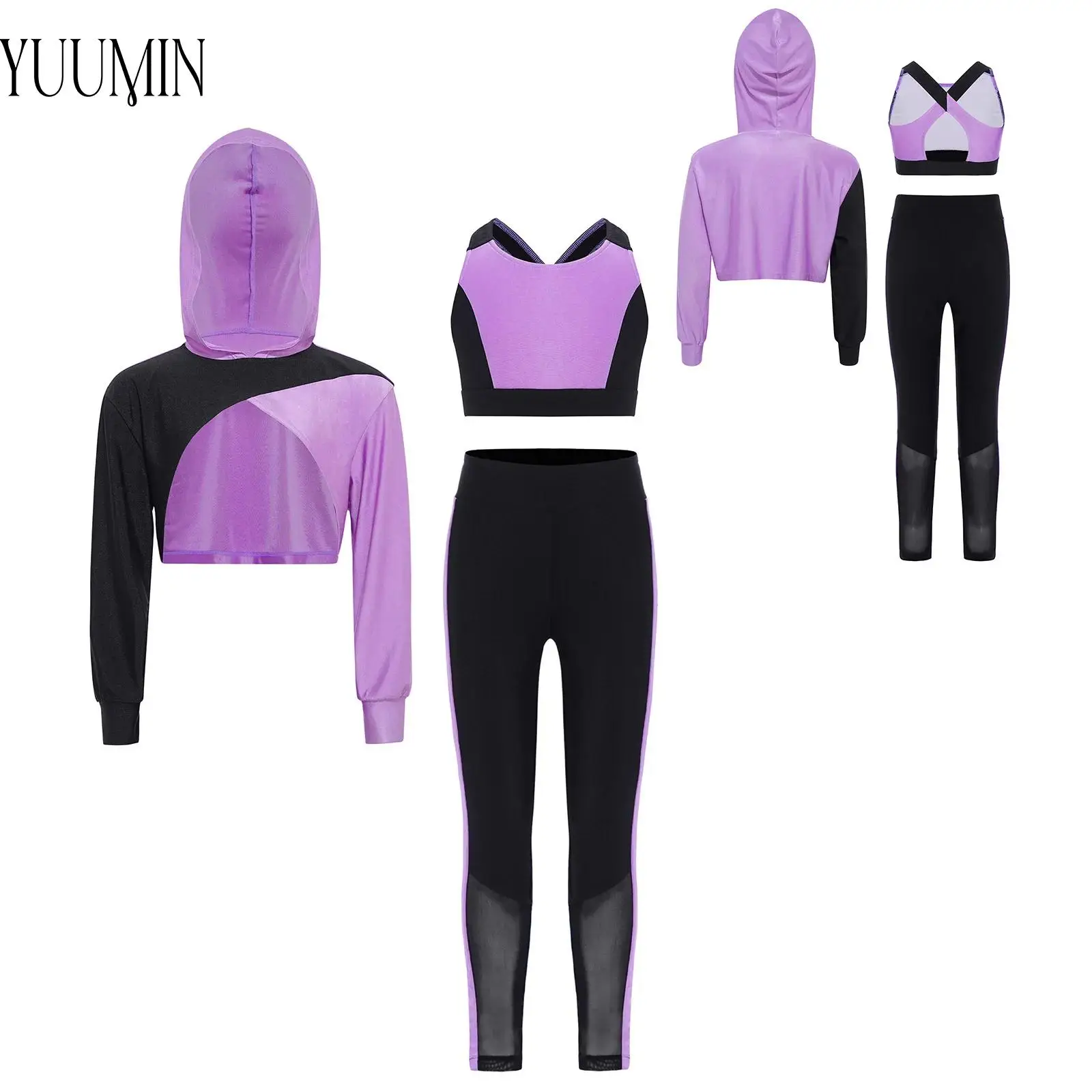 

Kids Sportswear Girl 3-Piece Color Block Sports Set Gym Fitness Activewear Long Sleeve Asymmetrical Hem Cropped Hoodie Dancewear