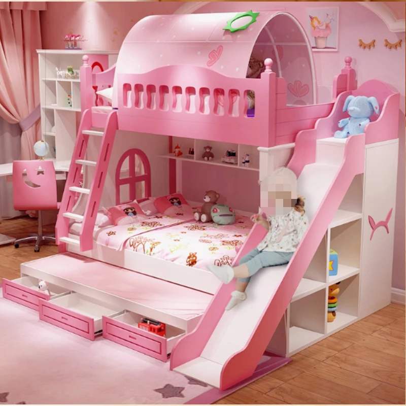 プリンセスベッドのオン/オフ,女の子用の上下のベッド,夢の城,スライド