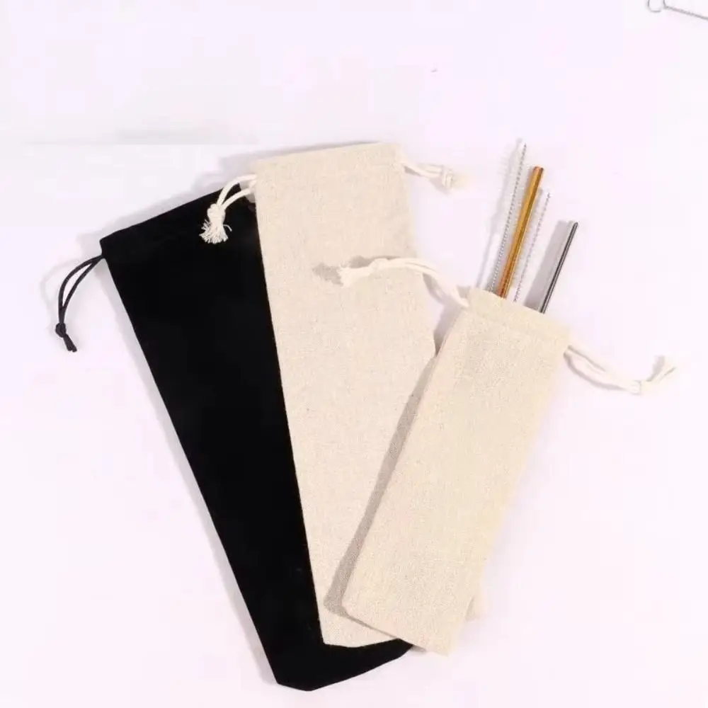 Portable Cotton Linen Drawstring Pocket Dustproof Straw Storage Bag Cutlery Protector Case Home