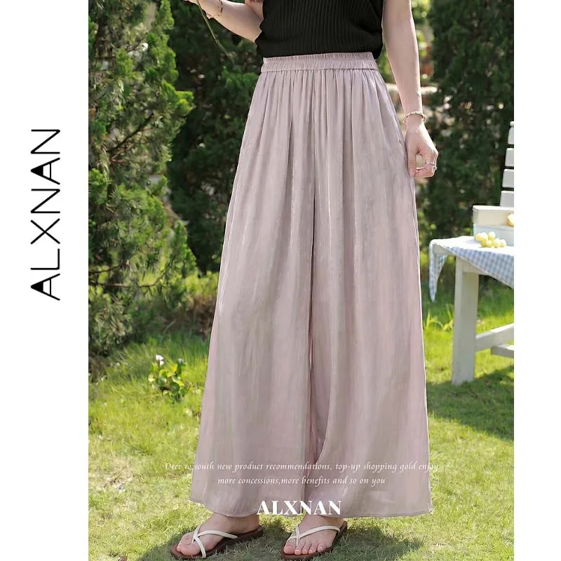 

ALXNAN Purple Wide Leg Pants Women Sheer Fabric A Line Loose Slim Drape Long Casual Trousers Summer New Female Clothing L66210