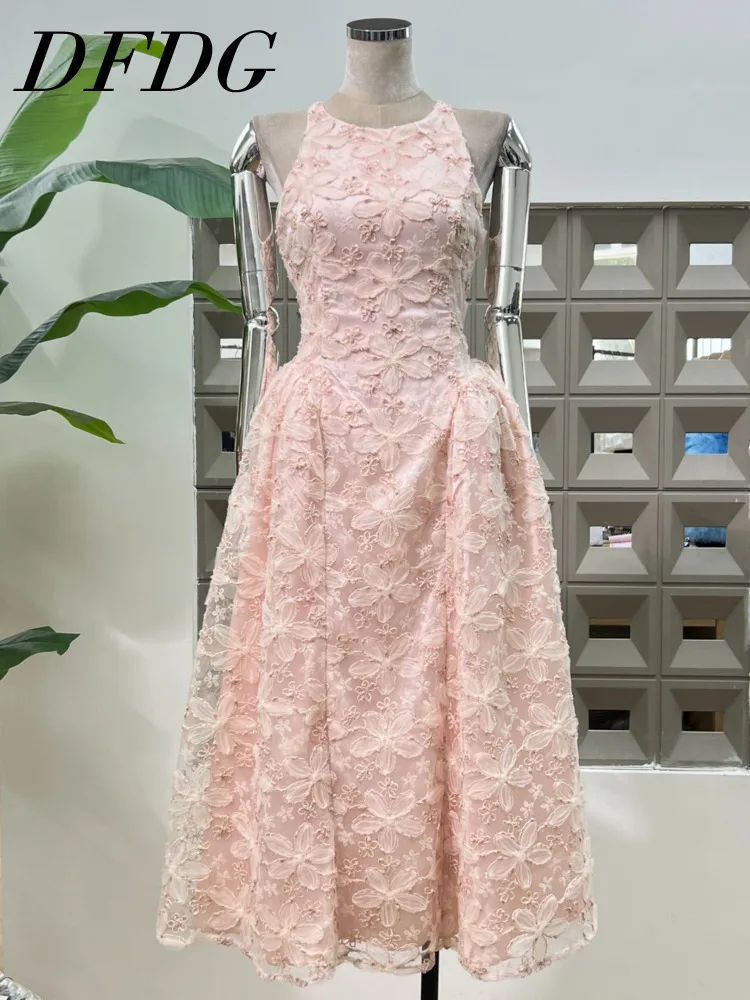 

DFDG Women’s 2025 Designer Elegant Lace Embroidery French Dress Tie Waist Evening Party Gala Spring Summer Formal Banquet Dress