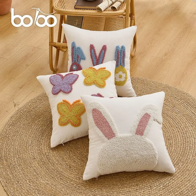 1PC Embroidered Easter Bunny Pillow Case Easter Rabbit Throw Pillow Covers Decorative Rabbit Couch Embroidery Doodle Pillowcase