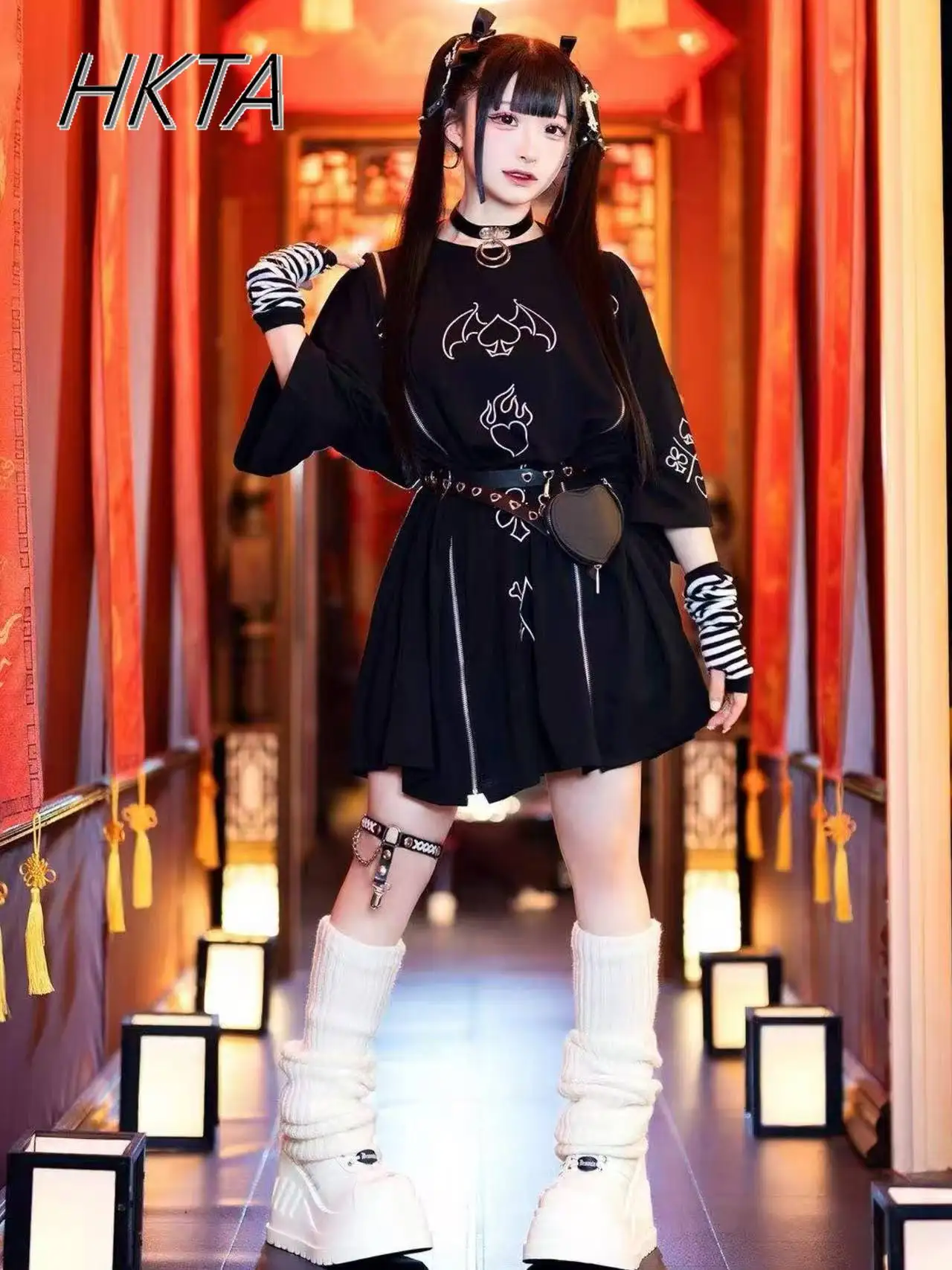 2025 Estate Nuovo Giapponese Harajuku Sottocultura Off-spalla Cerniera Scuro T-shirt Ragazza Giapponese Mine Dress a maniche corte Tshirt Dress