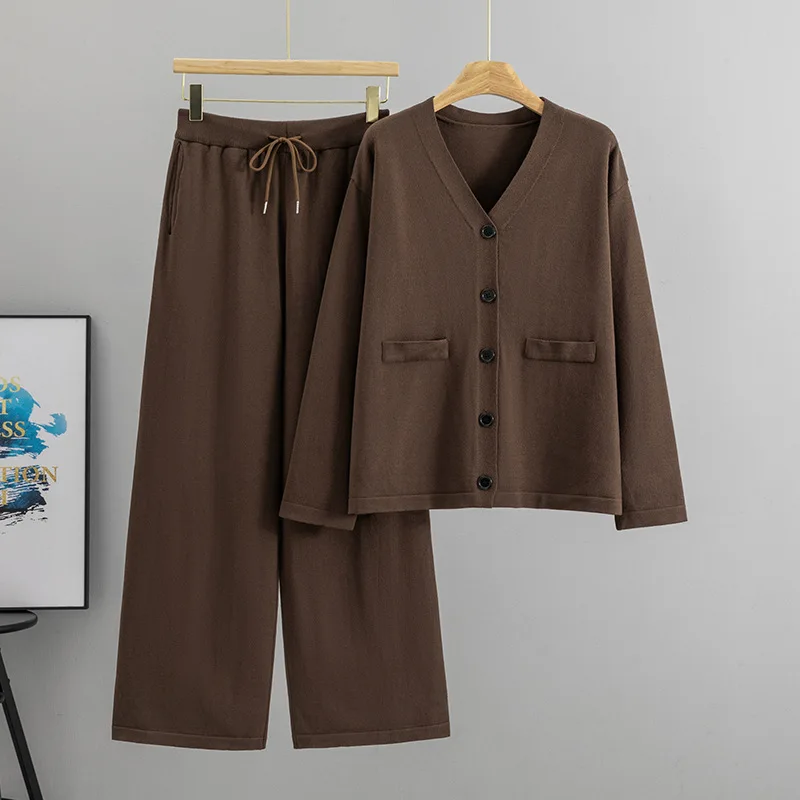 Women Knit Cardigan 2 Piece Set Sweater Coat Wide Leg Pants Suit Autumn Winter Office Lady Knitted Jacket Trousers Outfits 2026