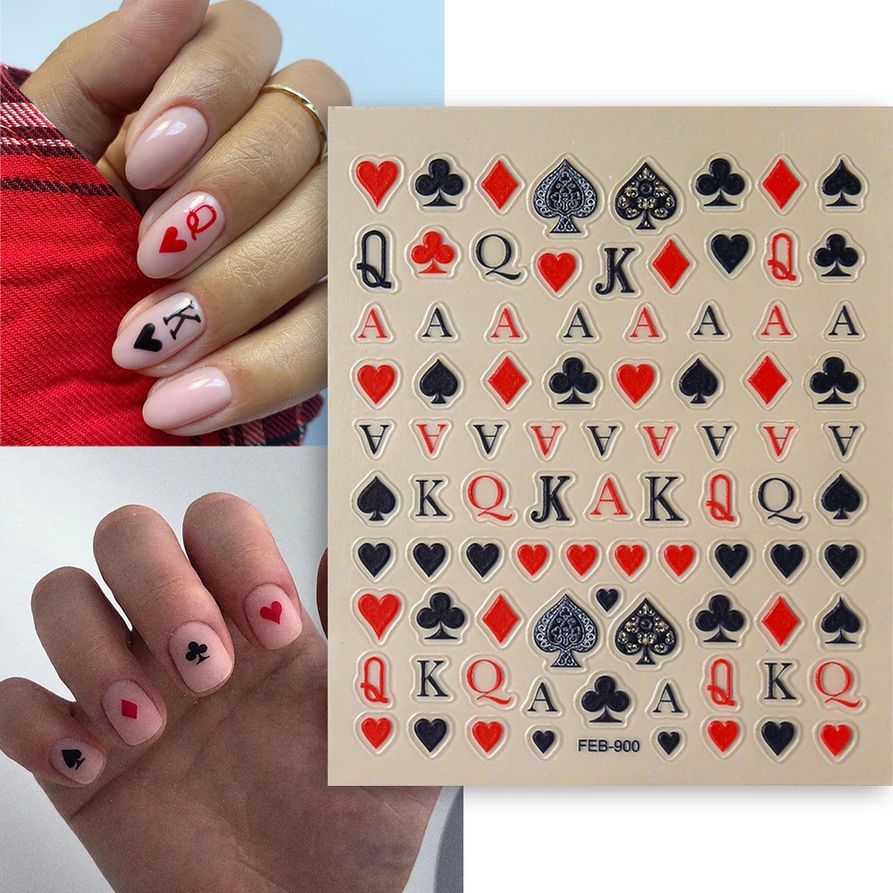 Poker Nail Stickers 3D Game Cards Q K A Spade Heart Club Diamond Nail Decals DIY Manicure Decoration FEB-900