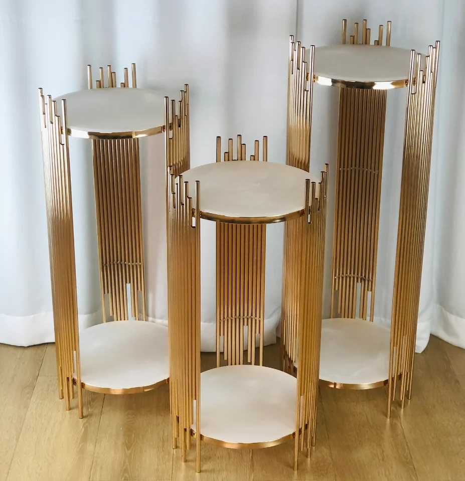 Gold Round Metal Plinths Wedding Backdrop Stand Columns Cylinders Metal Cake Dessert Table Stand Pillar Display Pedestals Stand