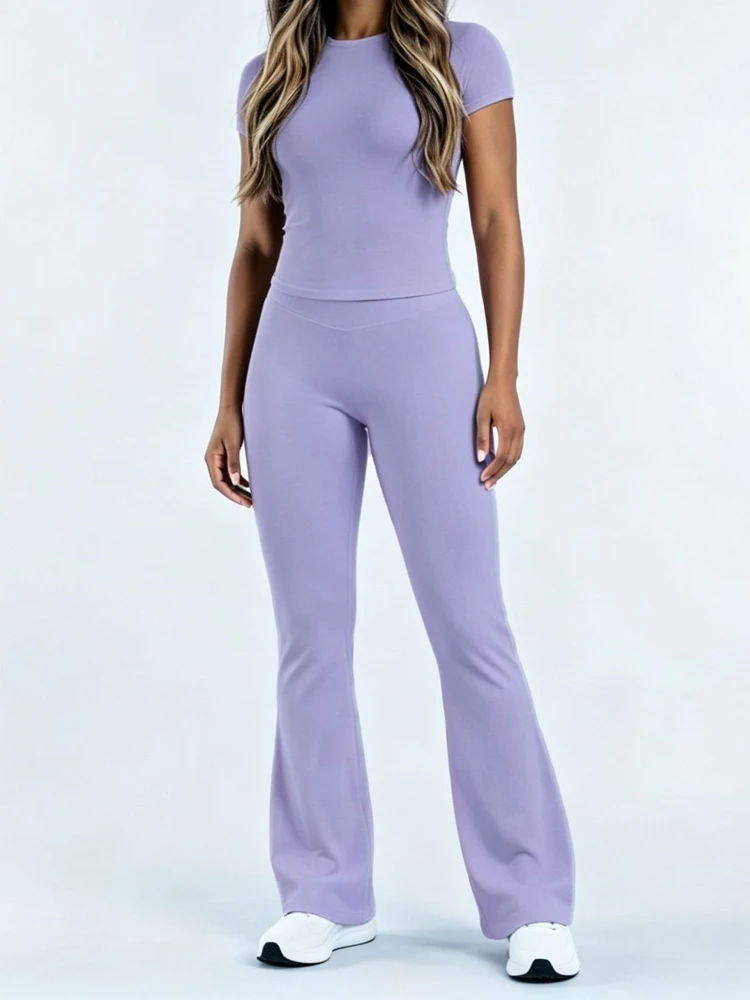 2-teiliger Sportanzug, kurzärmeliges, nahtloses Yoga-Oberteil, Damen-Fitness-Trainingshose mit Schlaghose, Gym-Set, Sporthose – Detail 9