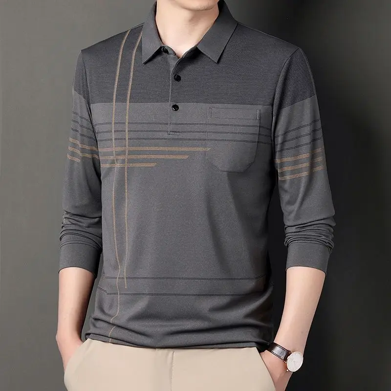 Streetwear Fashion Men Striped Polo Shirts Spring Autumn New Cotton Male Clothes Pockets Long Sleeve Casual Loose Business Tops