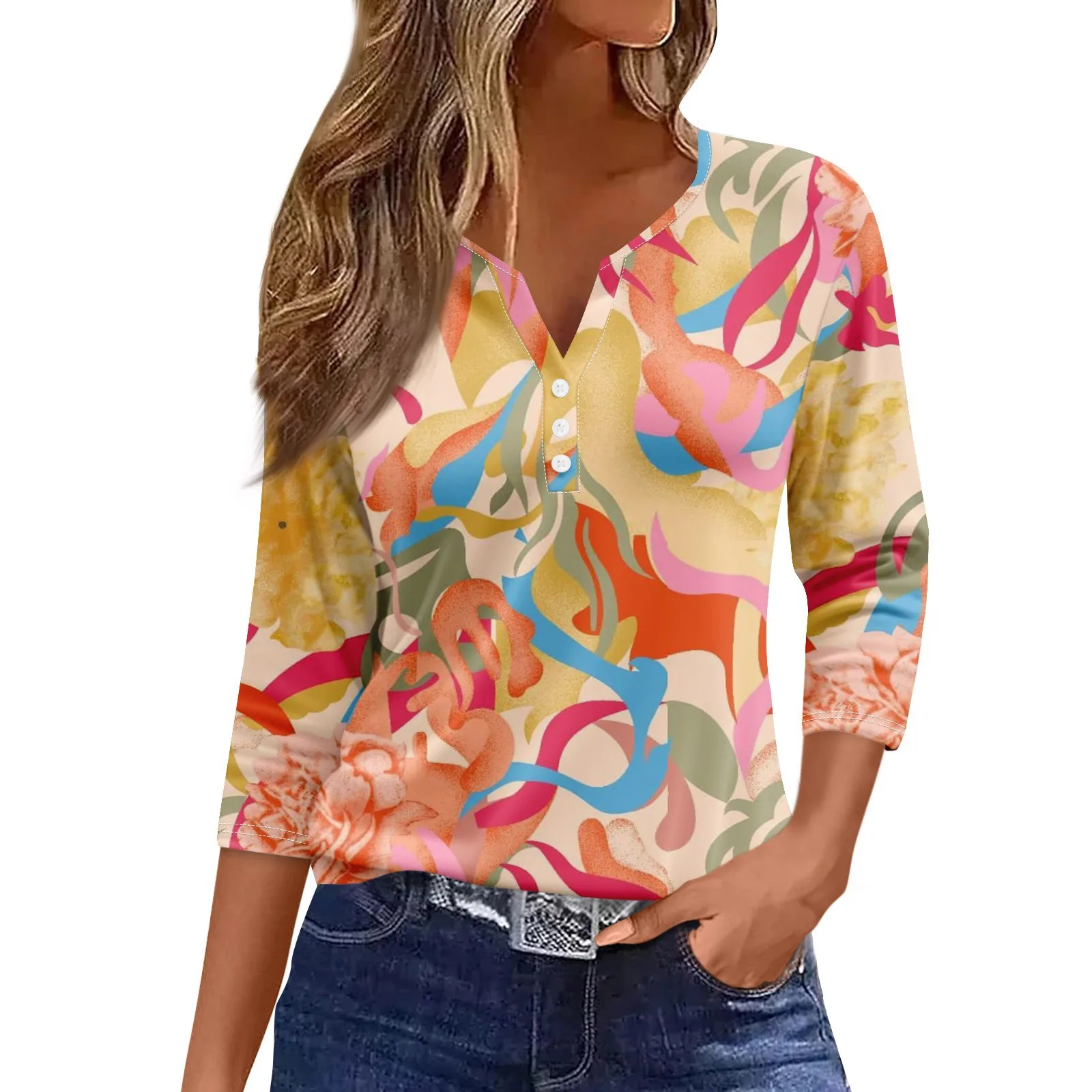 Colorful Summer Digital New Fashion Button Simple Seven Quarter Sleeve Women's Design Sense Trendy TopWG23