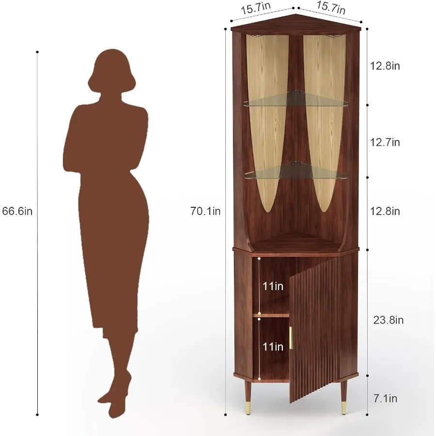 Tall Corner Bar Cabinet for Liquor, Walnut, Mid-Century Modern, 70 Height, Space-Saving Design