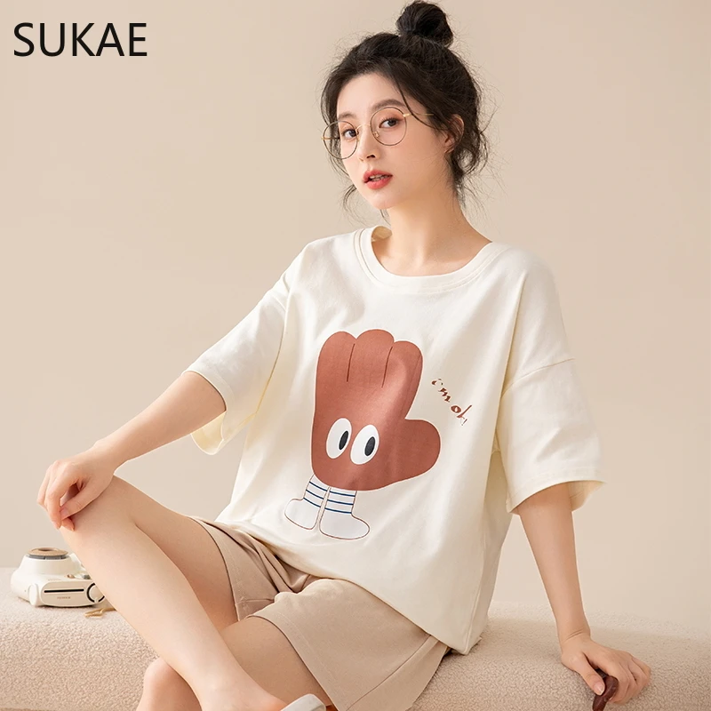 SUKAE 100% Pure Cotton Women Pajamas Summer Chic Cartoon Print Pijamas Girls Nightwear Short Sleeve Sleepwear O-neck Loungewear